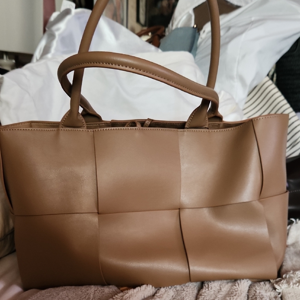 Elegant Tan Woven Faux Leather Tote